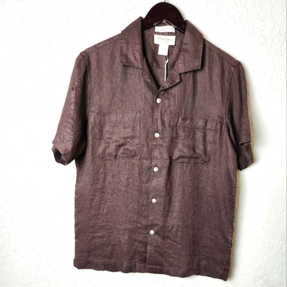 Panama Jack Linen Button Down Short Sleeve Top European Flax Brown Size S